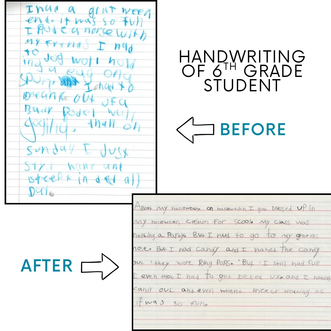 Before and after handwriting samples from a 6th grade student
