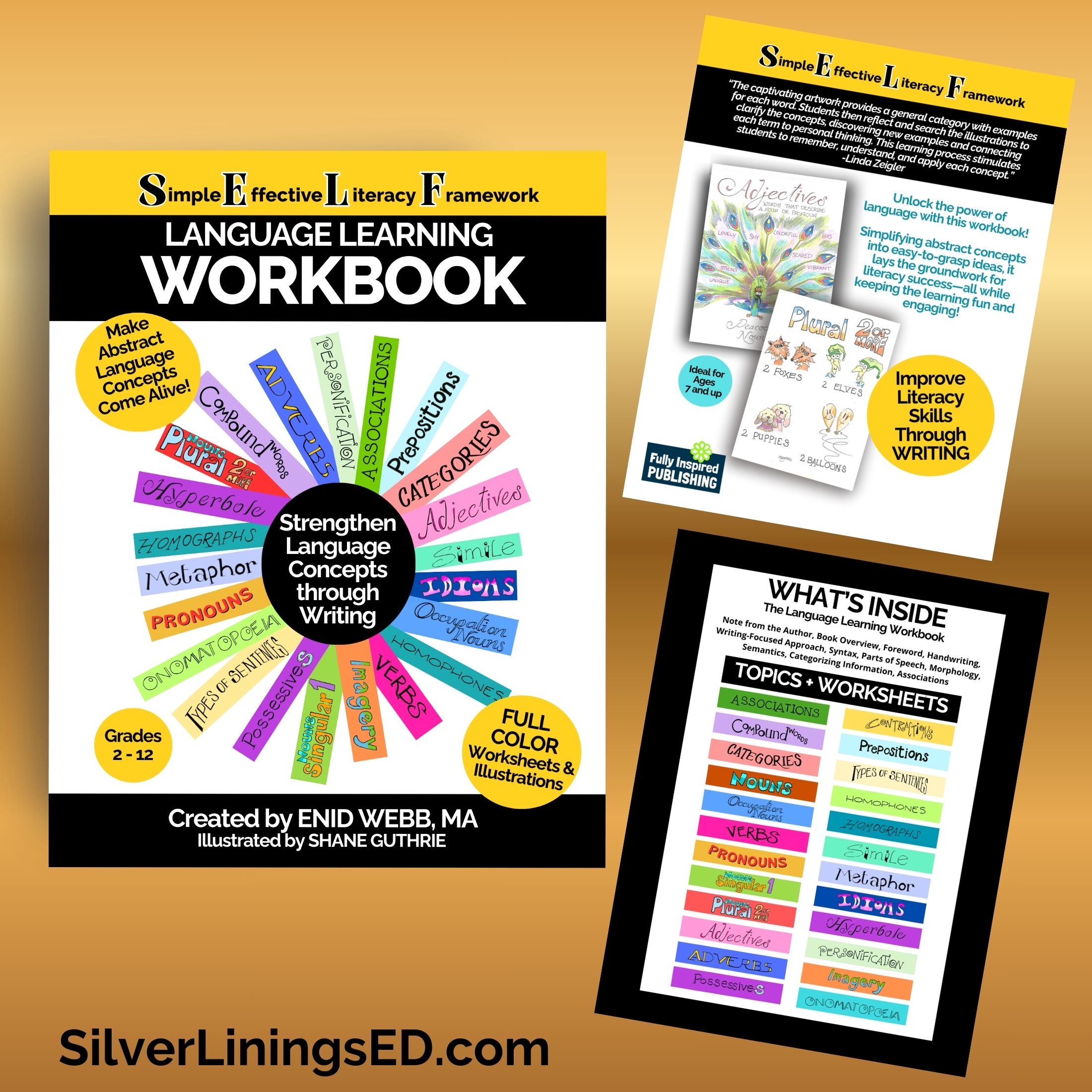 SELF Language Learning Workbook — full marketing overview showing book cover, sample pages, description, and complete list of topics and worksheets